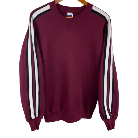 90s Vintage Russell Athletic Cross Crew Neck Sweat Shirt L Stripe Sleeve Maroon - Picture 1 of 10